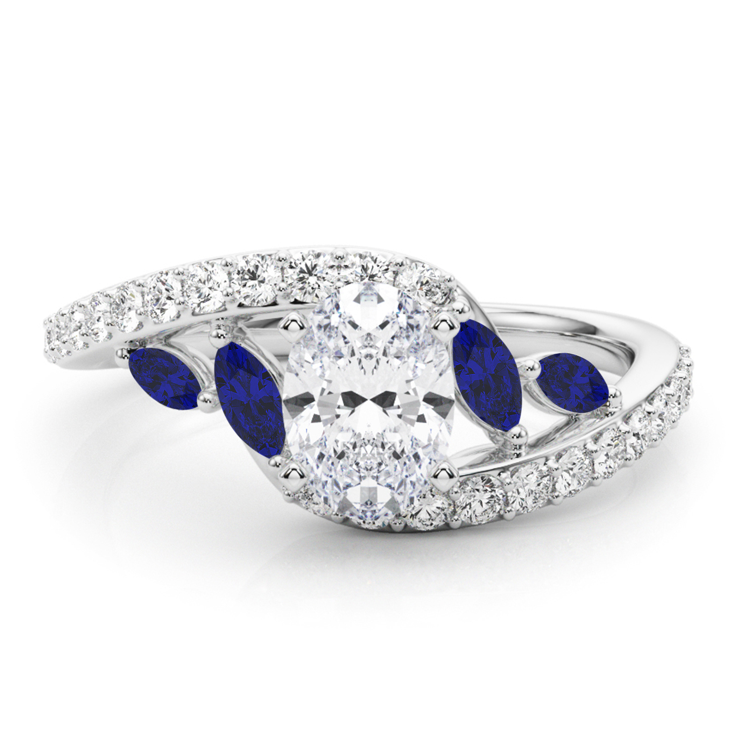 Swirl Design Lab Grown Diamond & Marquise Sapphire Engagement Ring 18K White Gold (0.63ct)